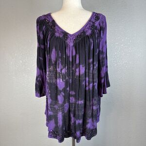 Sacred Threads Womens Tunic Top One Size Purple Black Tie Dye Beaded Sequins